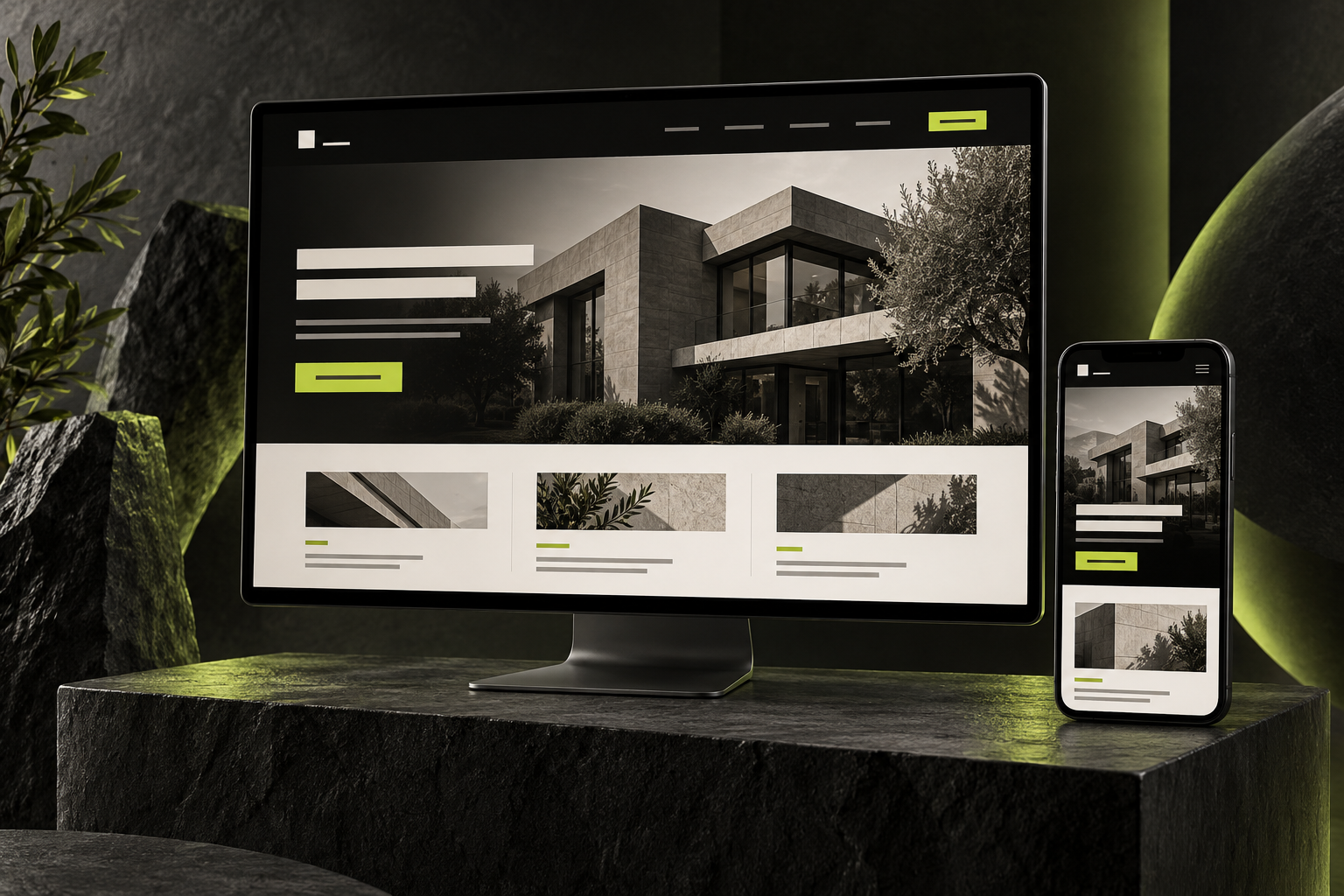 Custom concept of a responsive business website on desktop and mobile